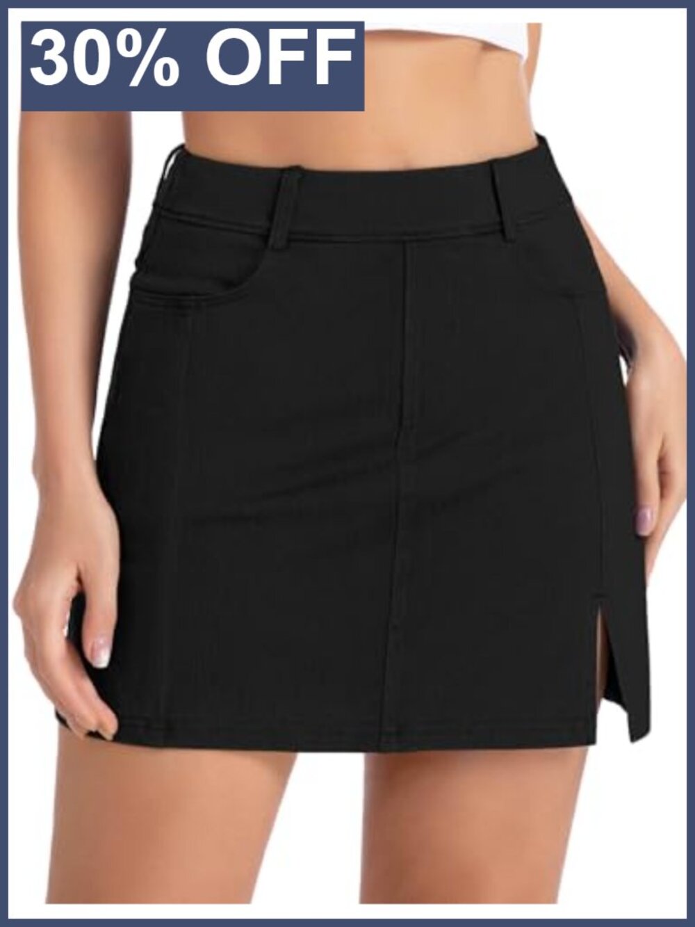 Stretchy Denim Skort Pull On Built-In Shorts Side Split Slim Fit